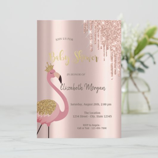 Roos Gold Glitter druppelt roze flamingo Baby show Kaart (Staand voorkant)