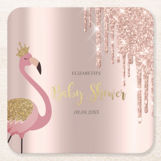 Roos Gold Glitter druppelt roze flamingo Baby show Kartonnen Onderzetters (Voorkant)