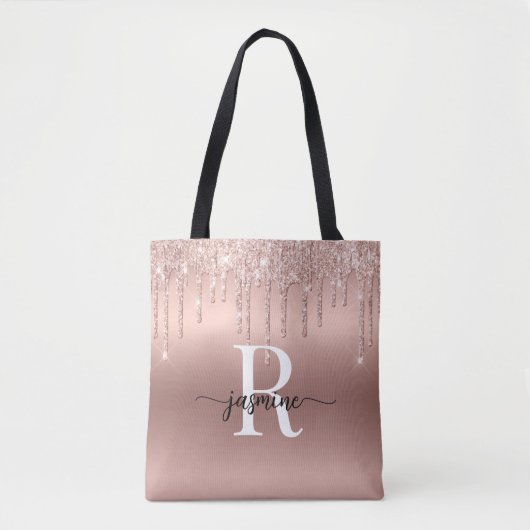 Roos Gold Glitter druppelt roze metalen monogram v Tote Bag (Voorkant)