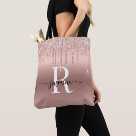 Roos Gold Glitter druppelt roze metalen monogram v Tote Bag