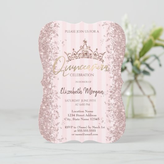 Roos Gold Glitter Dust Crown Pink Stripes Kaart (Staand voorkant)