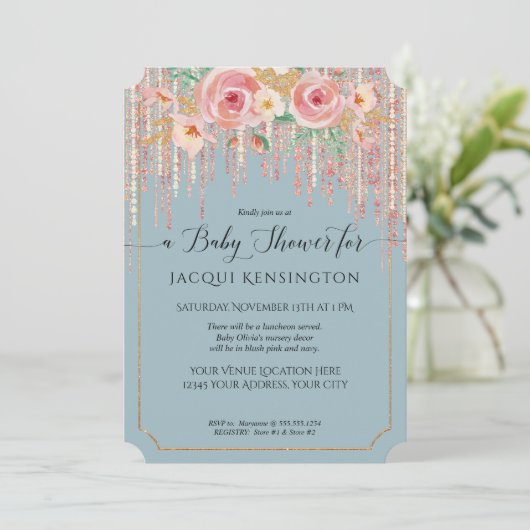 Roos Gold Glitter Dusty Blue Blush Floral Shower Kaart (Staand voorkant)