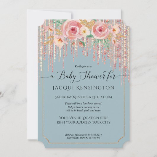 Roos Gold Glitter Dusty Blue Blush Floral Shower Kaart (Voorkant)