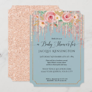 Roos Gold Glitter Dusty Blue Blush Floral Shower Kaart