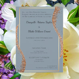 Roos Gold Glitter Dusty Blue Wedding Uitnodiging