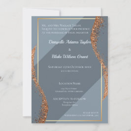 Roos Gold Glitter Dusty Blues Wedding Invitation Kaart