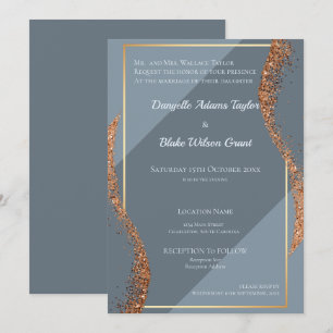 Roos Gold Glitter Dusty Blues Wedding Invitation Kaart