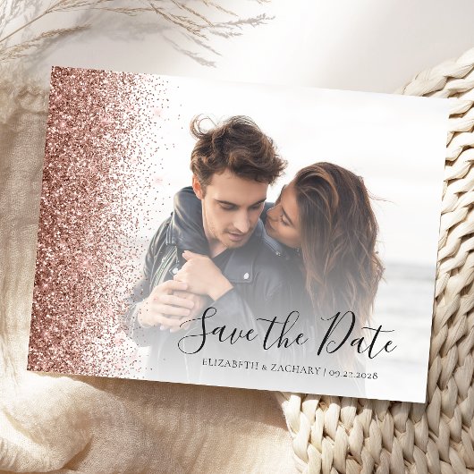 Roos Gold Glitter Edge Photo Save the Date Briefkaart