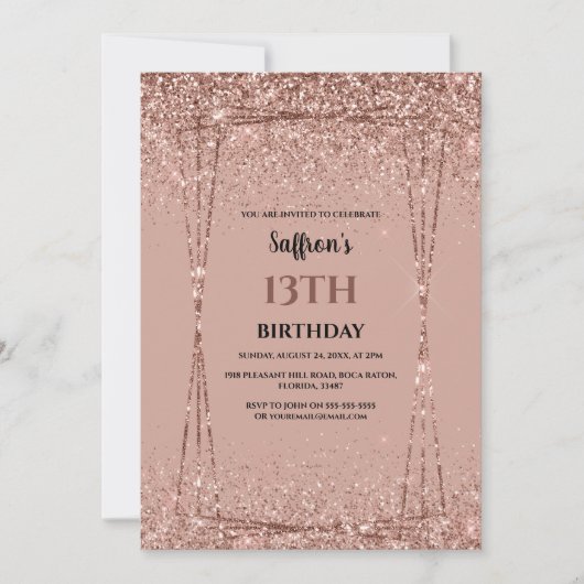 Roos Gold Glitter Effect Birthday Party Invitation Kaart (Voorkant)