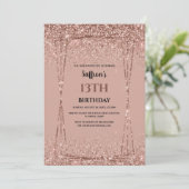 Roos Gold Glitter Effect Birthday Party Invitation Kaart (Staand voorkant)
