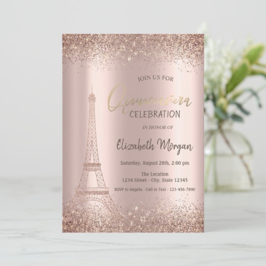 Roos Gold Glitter Eiffel Confetti Quinceañera Kaart (Staand voorkant)