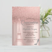 Roos Gold Glitter Eiffeltoren, Heels Quinceañera Kaart (Staand voorkant)
