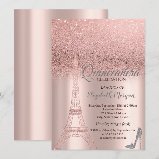 Roos Gold Glitter Eiffeltoren, Heels Quinceañera Kaart (Voorkant / Achterkant)