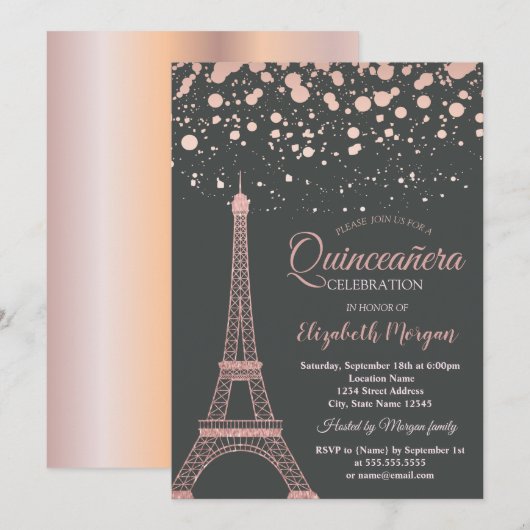 Roos Gold Glitter Eiffeltoren, Stippen Quinceañera Kaart (Voorkant / Achterkant)