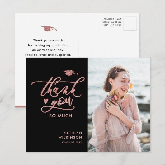 Roos Gold Glitter Elegant Afstuderen Hartelijk dan Briefkaart (Voorkant / Achterkant)