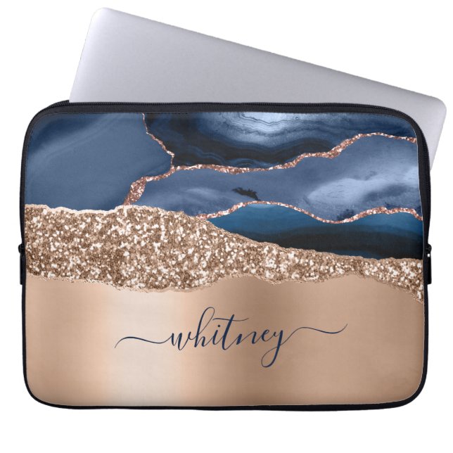 Roos Gold Glitter Elegant Monogrammed Navy Blue Laptop Sleeve (Voorkant)