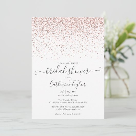 Roos Gold Glitter Elegant Script Vrijgezellenfeest Kaart (Staand voorkant)