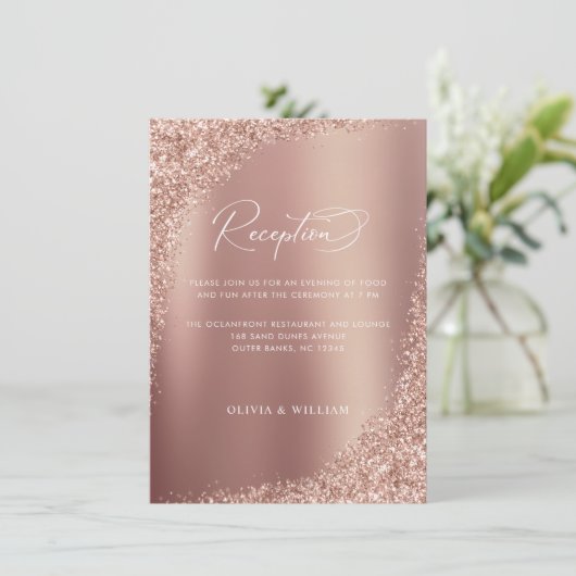 Roos Gold Glitter Elegant Wedding Reception Informatiekaartje (Staand voorkant)