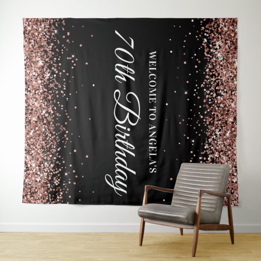 Roos Gold Glitter en Black 70e verjaardag Welkom Wandkleed (In Situ (horizontaal))