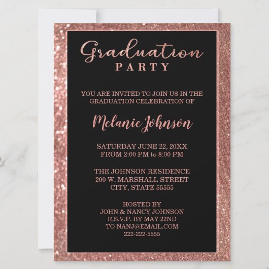 Roos Gold Glitter en Black Afstuderen Invitation Kaart (Achterkant)