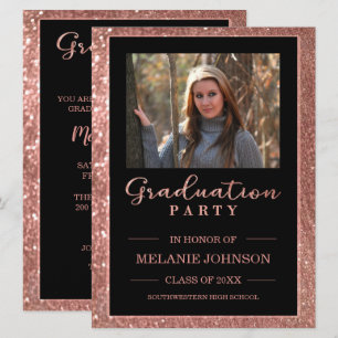Roos Gold Glitter en Black Afstuderen Invitation Kaart