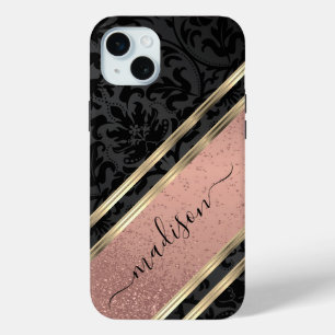 Roos Gold Glitter en Black Damask aanpassen iPhone 15 Mini Hoesje