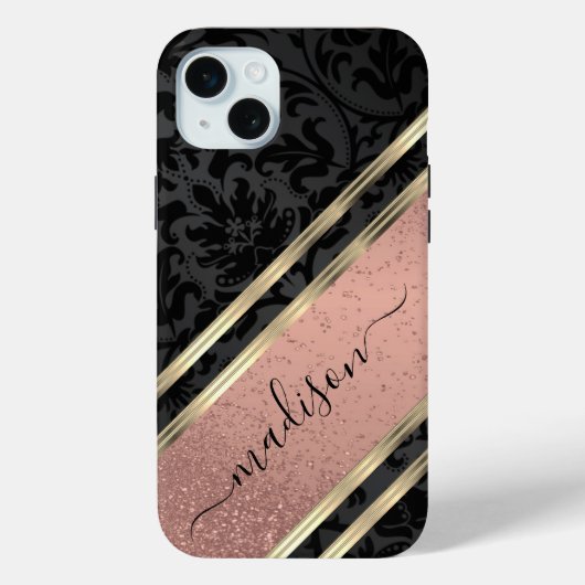 Roos Gold Glitter en Black Damask aanpassen Case-Mate iPhone Case (Achterkant)
