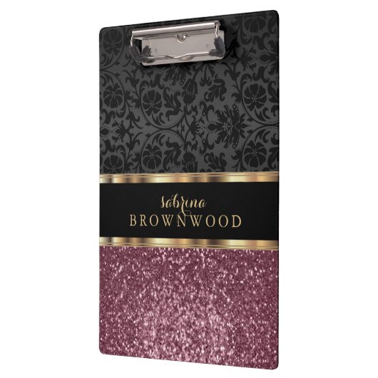 Roos Gold Glitter en Black Damask Klembord (Links)