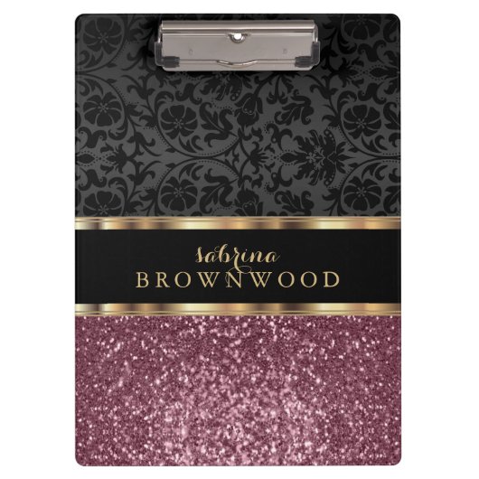 Roos Gold Glitter en Black Damask Klembord (Voorkant)
