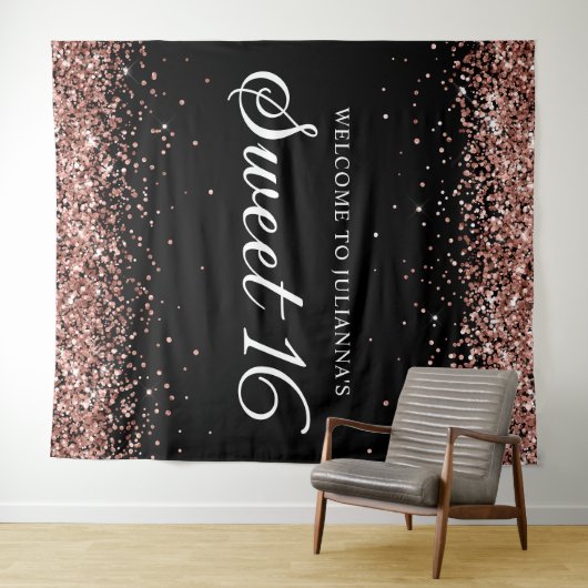 Roos Gold Glitter en Black Sweet 16 Welkom Wandkleed (In Situ (horizontaal))