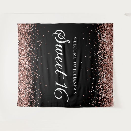 Roos Gold Glitter en Black Sweet 16 Welkom Wandkleed (Voorkant (horizontaal))
