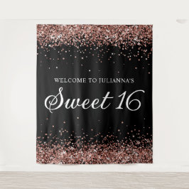 Roos Gold Glitter en Black Sweet 16 Welkom Wandkleed