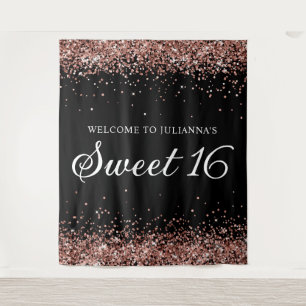 Roos Gold Glitter en Black Sweet 16 Welkom Wandkleed