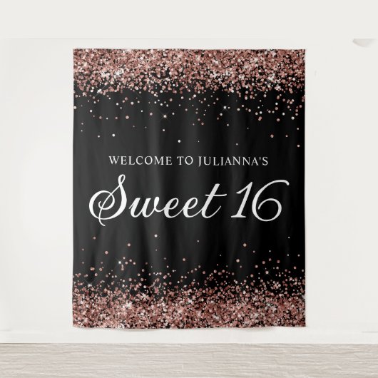 Roos Gold Glitter en Black Sweet 16 Welkom Wandkleed (Voorkant)