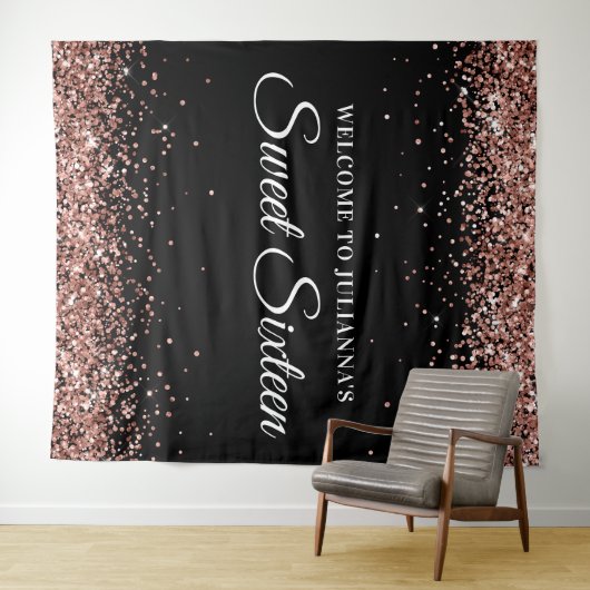 Roos Gold Glitter en Black Sweet Sixteen Welkom Wandkleed (In Situ (horizontaal))