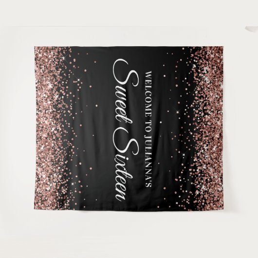 Roos Gold Glitter en Black Sweet Sixteen Welkom Wandkleed (Voorkant (horizontaal))