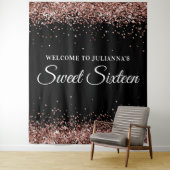 Roos Gold Glitter en Black Sweet Sixteen Welkom Wandkleed (In situ)