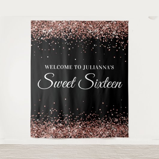 Roos Gold Glitter en Black Sweet Sixteen Welkom Wandkleed (Voorkant)