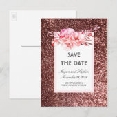 Roos Gold Glitter en Blush Flowers Bewaar de Datum Aankondigingskaart (Voorkant / Achterkant)