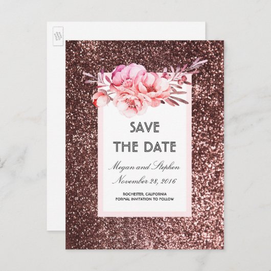 Roos Gold Glitter en Blush Flowers Bewaar de Datum Aankondigingskaart (Voorkant / Achterkant)