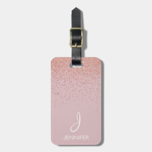 Roos Gold Glitter en Blush Pink Monogramed Bagagelabel