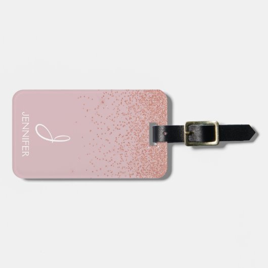 Roos Gold Glitter en Blush Pink Monogrammed Bagagelabel (Voorkant horizontaal)