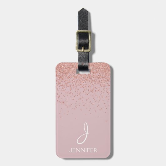 Roos Gold Glitter en Blush Pink Monogrammed Bagagelabel (Voorkant verticaal)