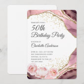Roos Gold Glitter en Floral 50th Birthday Party Kaart (Voorkant / Achterkant)