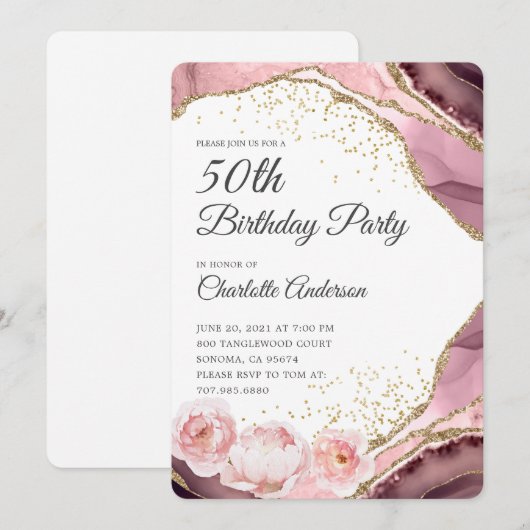 Roos Gold Glitter en Floral 50th Birthday Party Kaart (Voorkant / Achterkant)