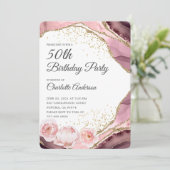 Roos Gold Glitter en Floral 50th Birthday Party Kaart (Staand voorkant)