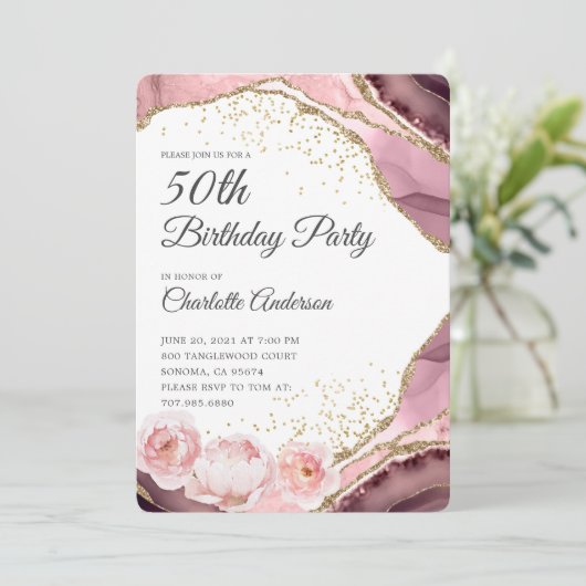 Roos Gold Glitter en Floral 50th Birthday Party Kaart (Staand voorkant)