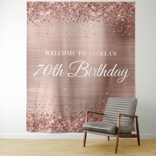 Roos Gold Glitter en Folie 70e verjaardag Welkom Wandkleed (In situ)