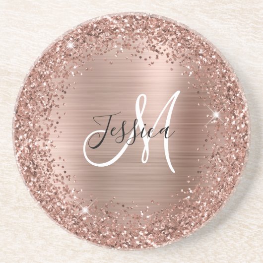 Roos Gold Glitter en Folie Girly Glam Monogram Zandsteen Onderzetter (Voorkant)