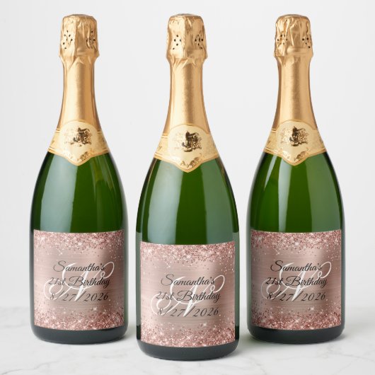 Roos Gold Glitter en Folie Monogram 21ste verjaard Sparkling Wijnetiket (Flessen)